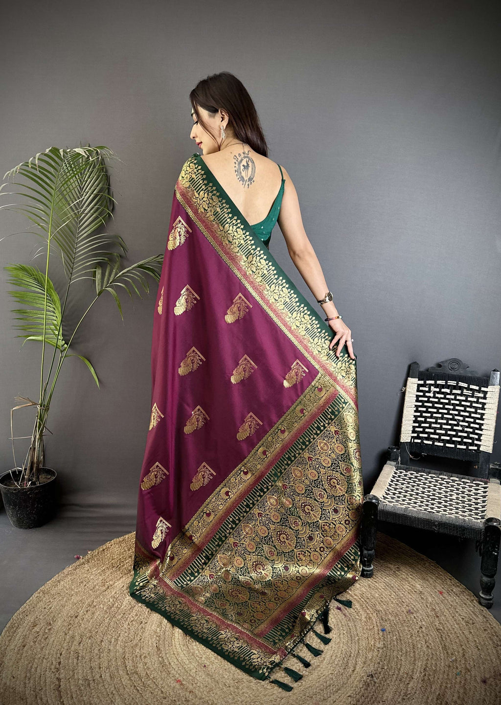 Sonakshi Women'S Wine Pure Soft Banarasi Silk With Contrast Weaving Border And Pallu Traditional Saree With Blouse - Distacart