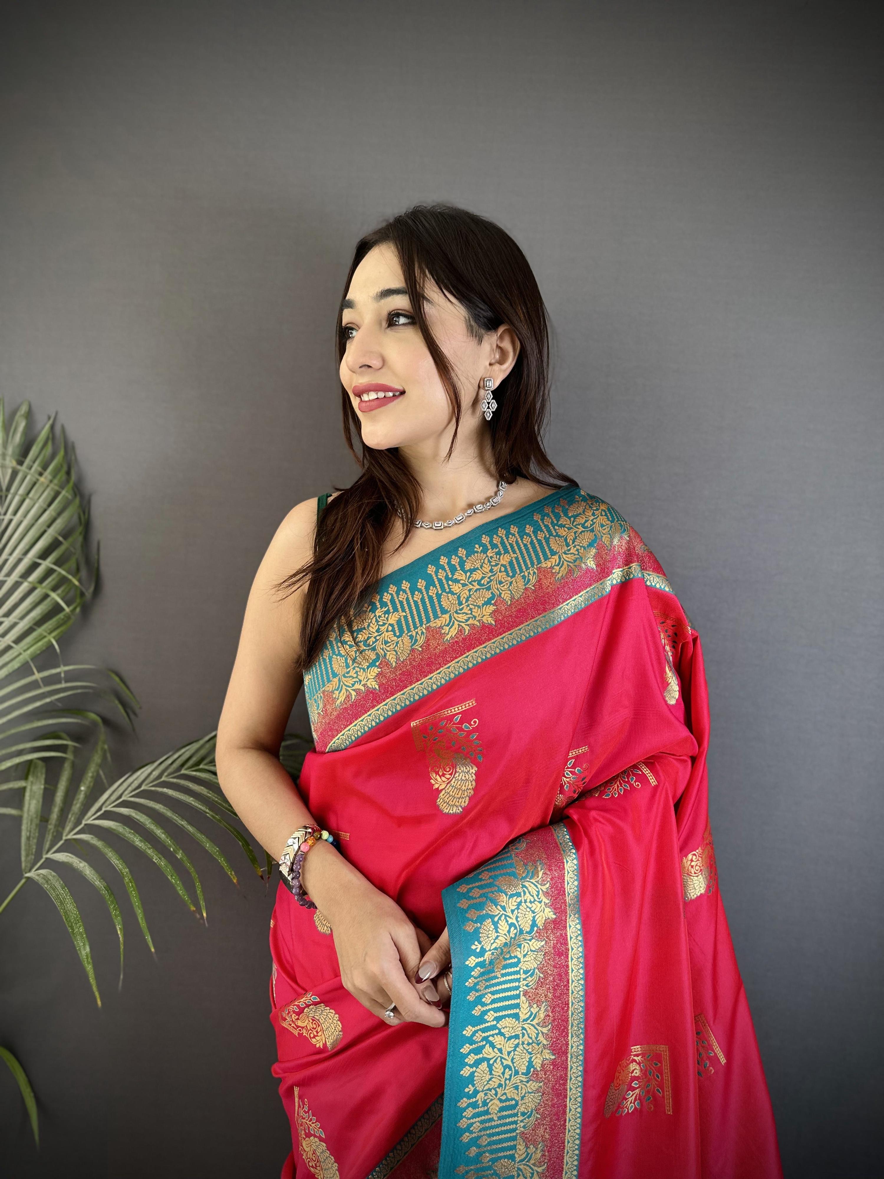 Sonakshi Women'S Ranipink Pure Soft Banarasi Silk With Contrast Weaving Border And Pallu Traditional Saree With Blouse - Distacart