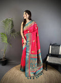 Sonakshi Women'S Ranipink Pure Soft Banarasi Silk With Contrast Weaving Border And Pallu Traditional Saree With Blouse - Distacart