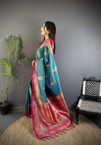 Sonakshi Women'S Teal Pure Soft Banarasi Silk With Contrast Weaving Border And Pallu Traditional Saree With Blouse - Distacart