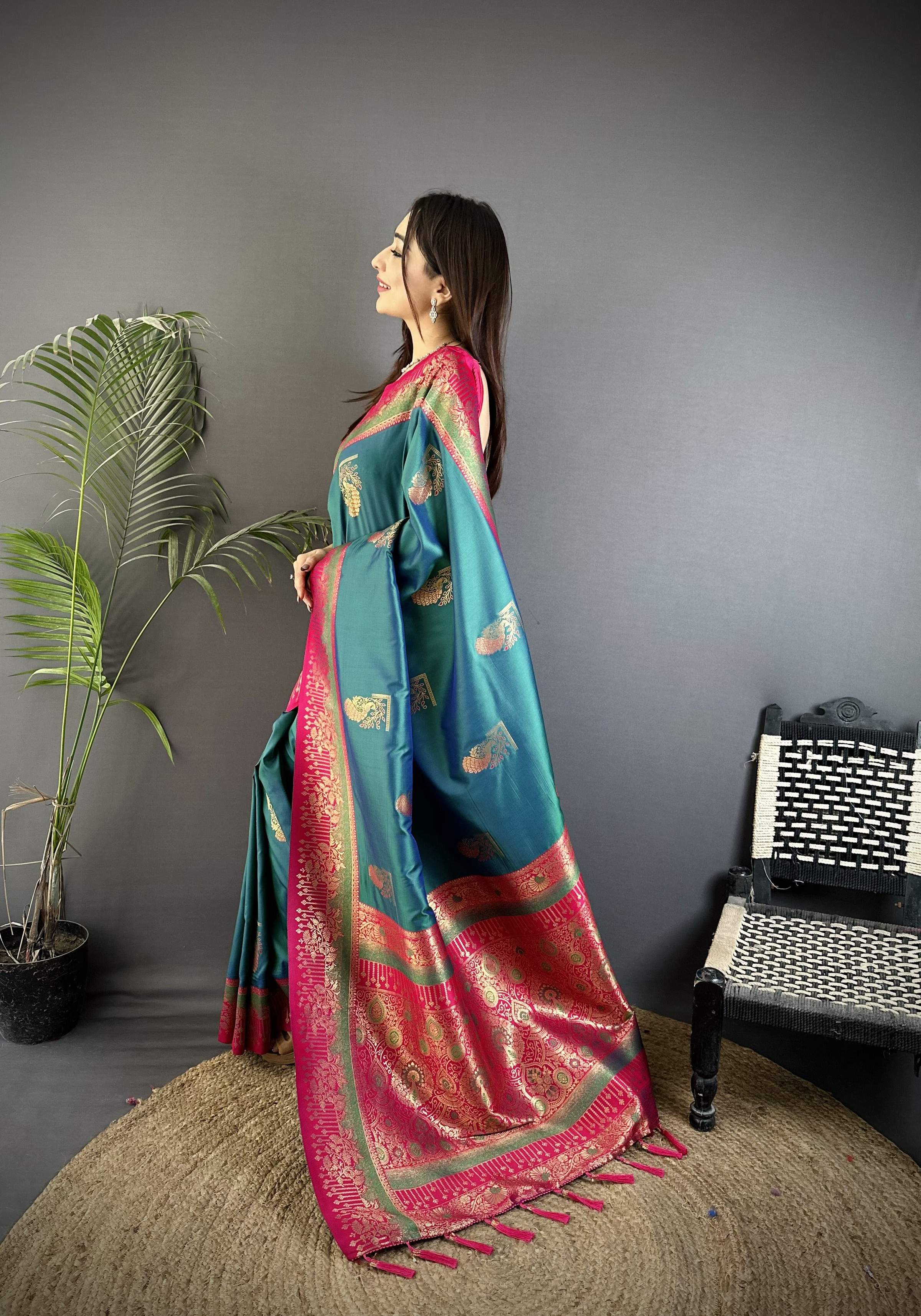 Sonakshi Women'S Teal Pure Soft Banarasi Silk With Contrast Weaving Border And Pallu Traditional Saree With Blouse - Distacart