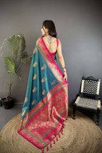 Sonakshi Women'S Teal Pure Soft Banarasi Silk With Contrast Weaving Border And Pallu Traditional Saree With Blouse - Distacart