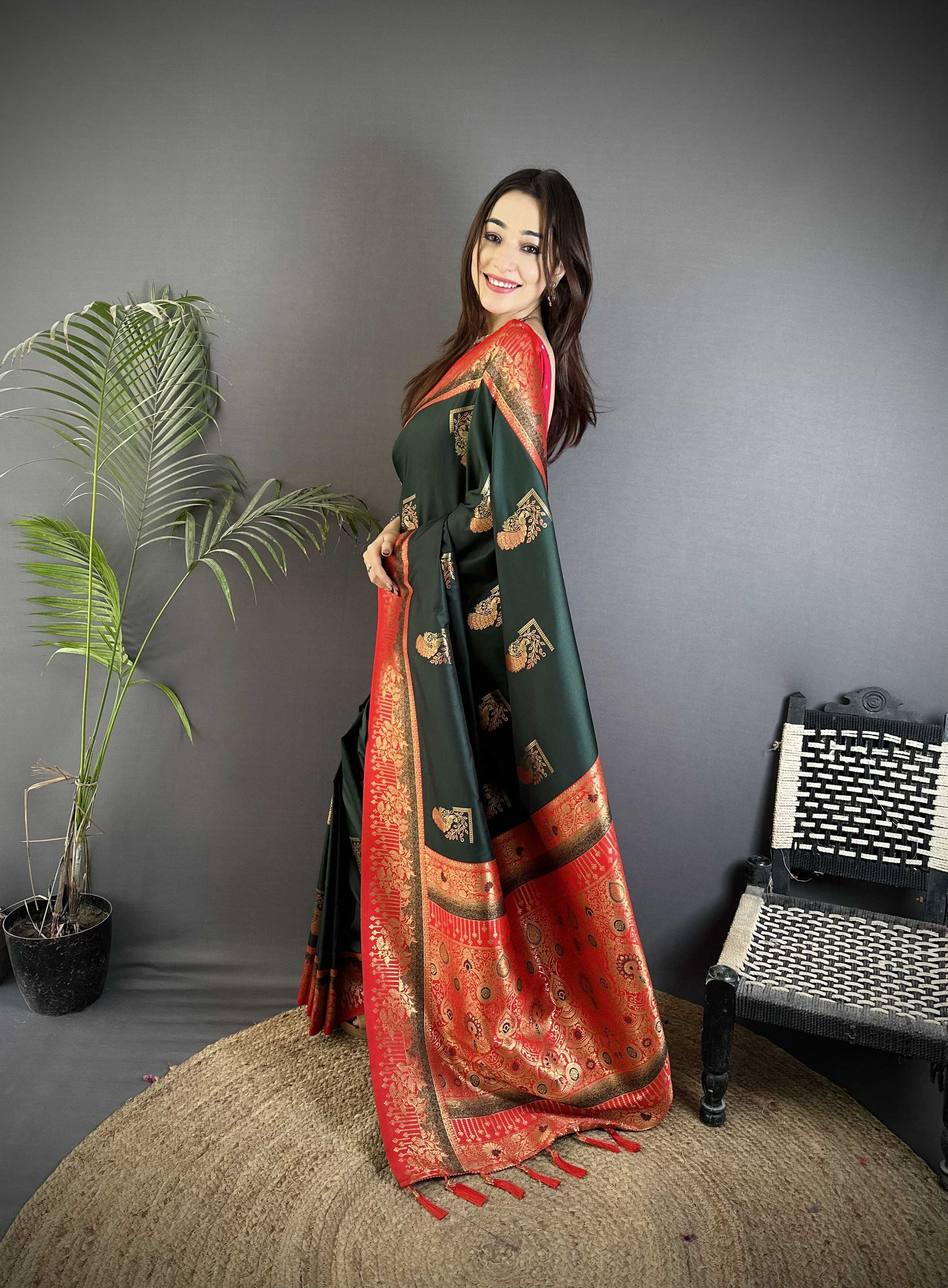 Sonakshi Women'S Black Pure Soft Banarasi Silk With Contrast Weaving Border And Pallu Traditional Saree With Blouse - Distacart