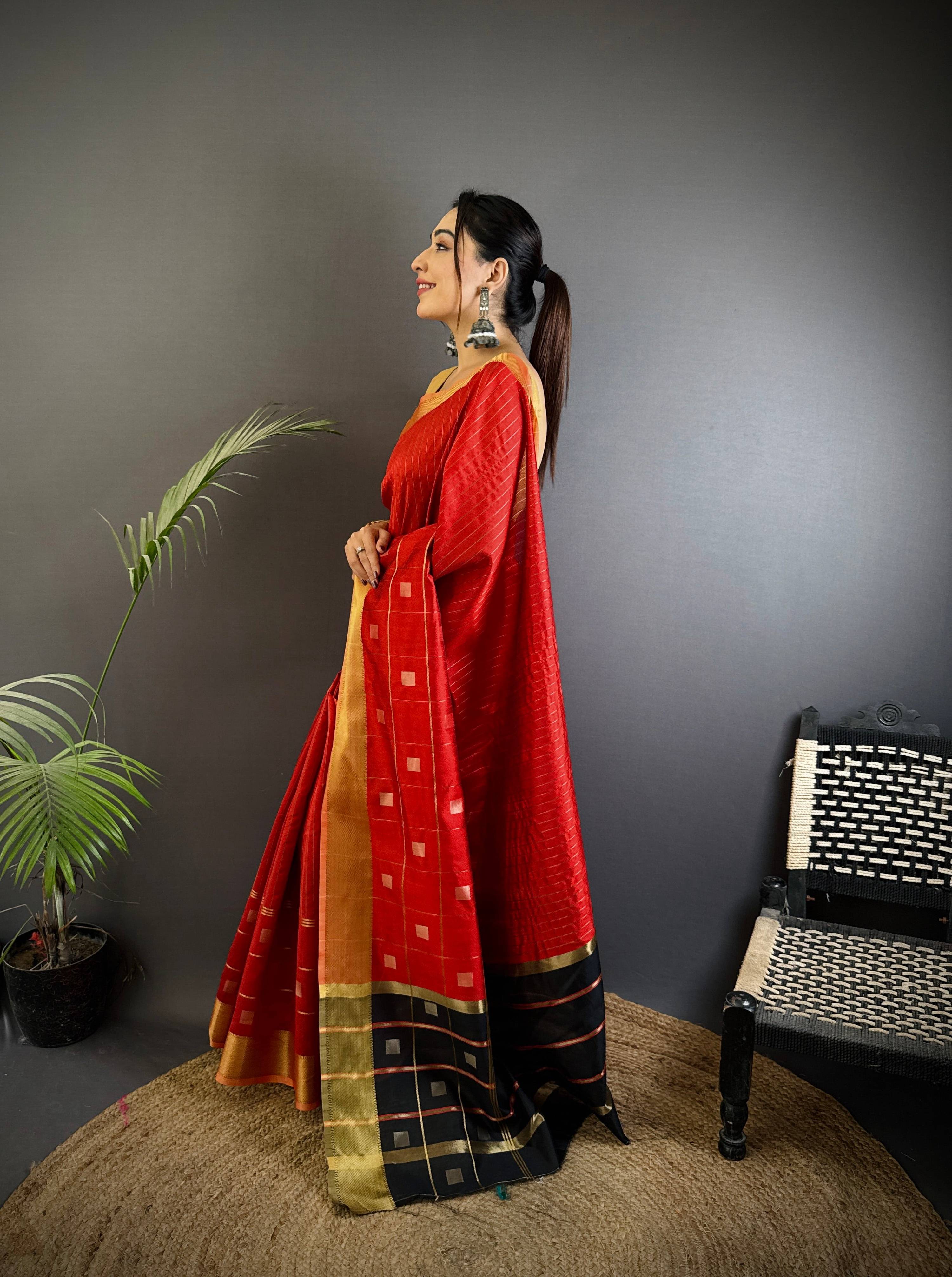 Sonakshi Women's Red Soft Cotton Silk Golden Zari Weaving Traditional Saree with Blouse - Distacart