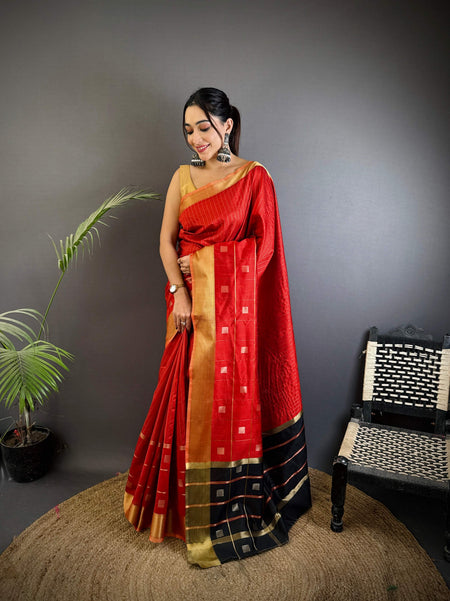 Sonakshi Women's Red Soft Cotton Silk Golden Zari Weaving Traditional Saree with Blouse