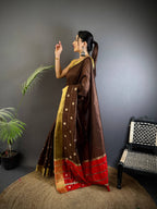 Sonakshi Women's Coffie Soft Cotton Silk Golden Zari Weaving Traditional Saree with Blouse - Distacart