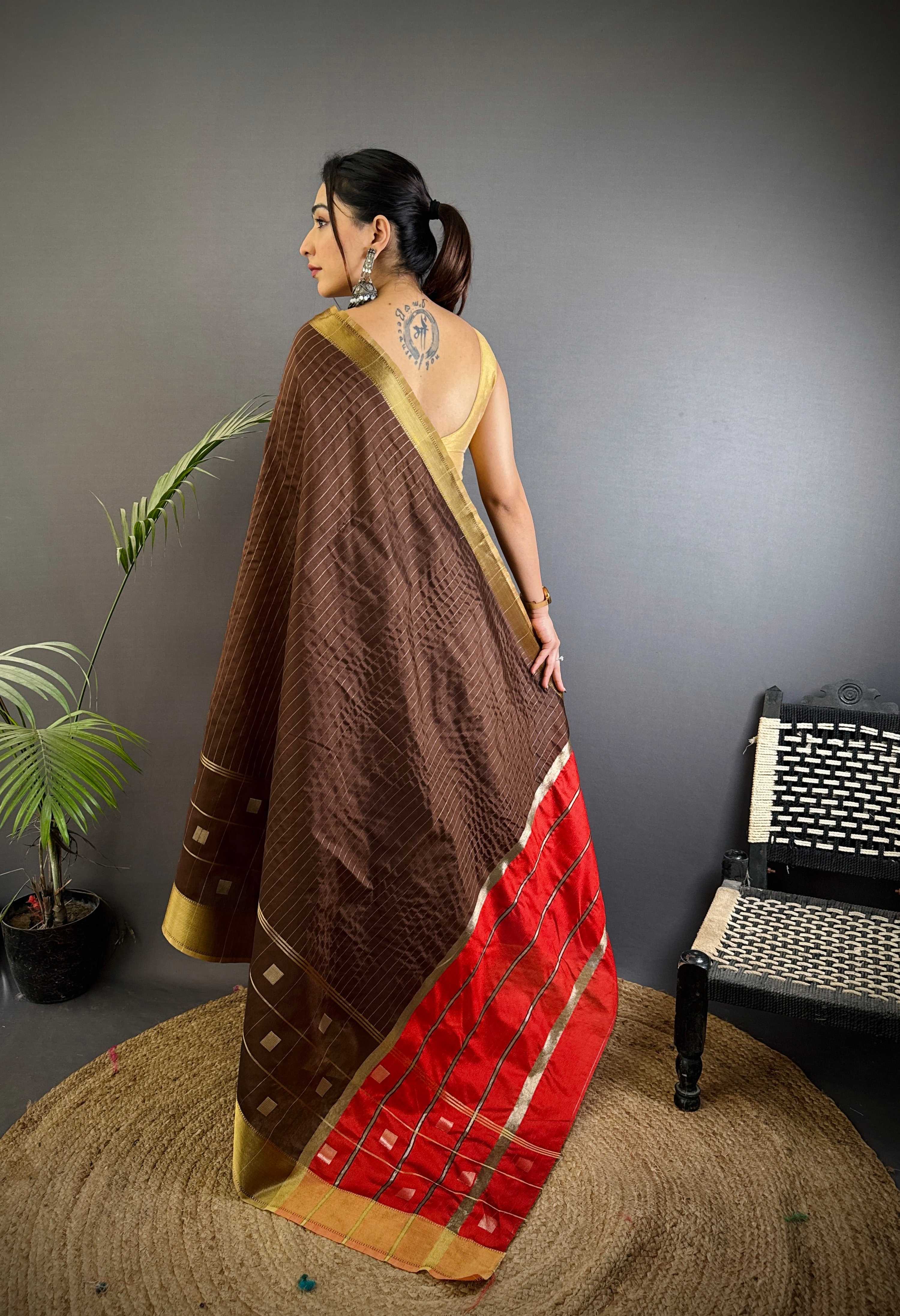 Sonakshi Women's Coffie Soft Cotton Silk Golden Zari Weaving Traditional Saree with Blouse - Distacart