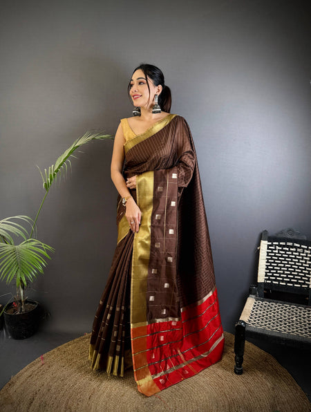 Sonakshi Women's Coffie Soft Cotton Silk Golden Zari Weaving Traditional Saree with Blouse