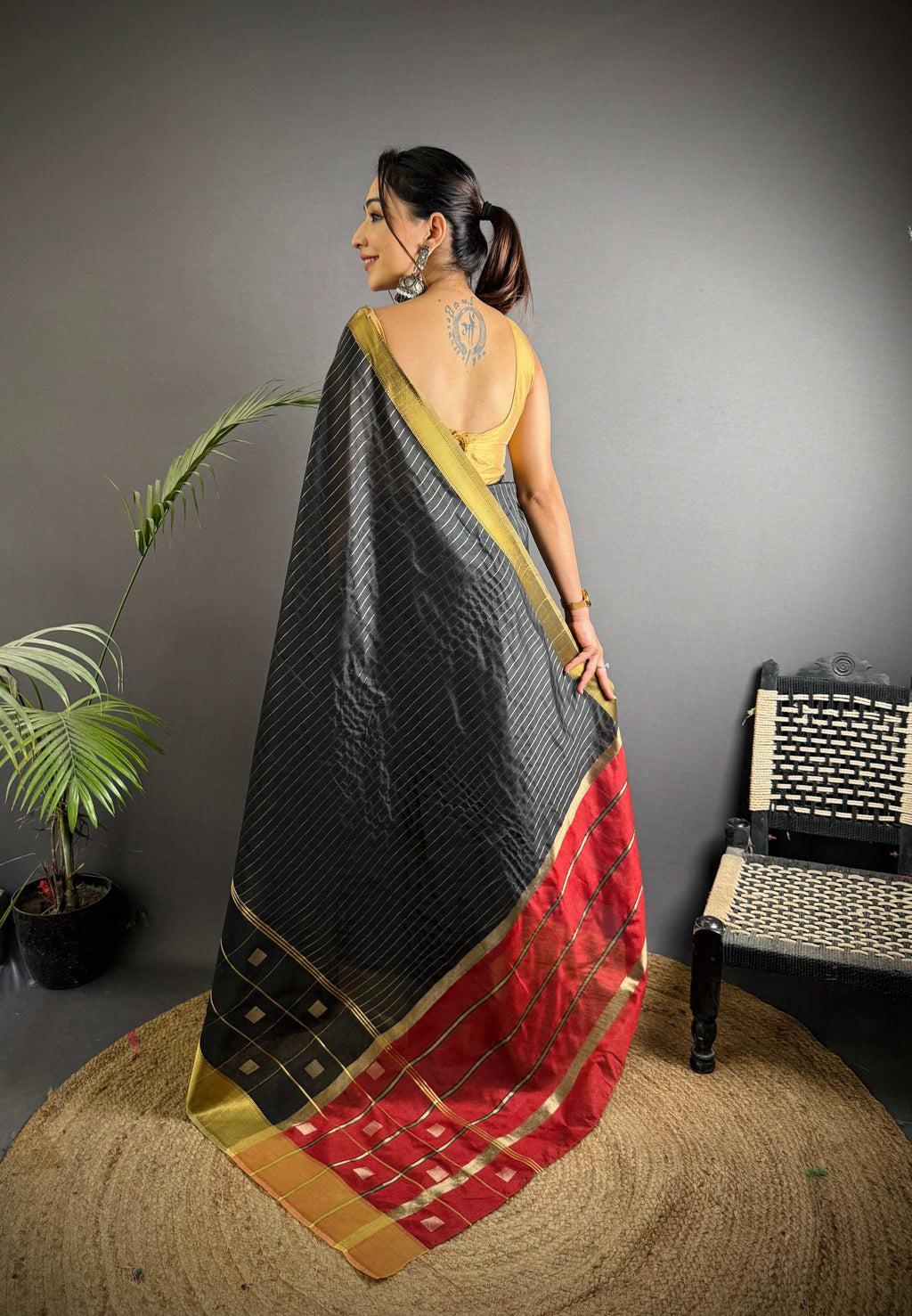 Sonakshi Women's Black Soft Cotton Silk Golden Zari Weaving Traditional Saree with Blouse - Distacart