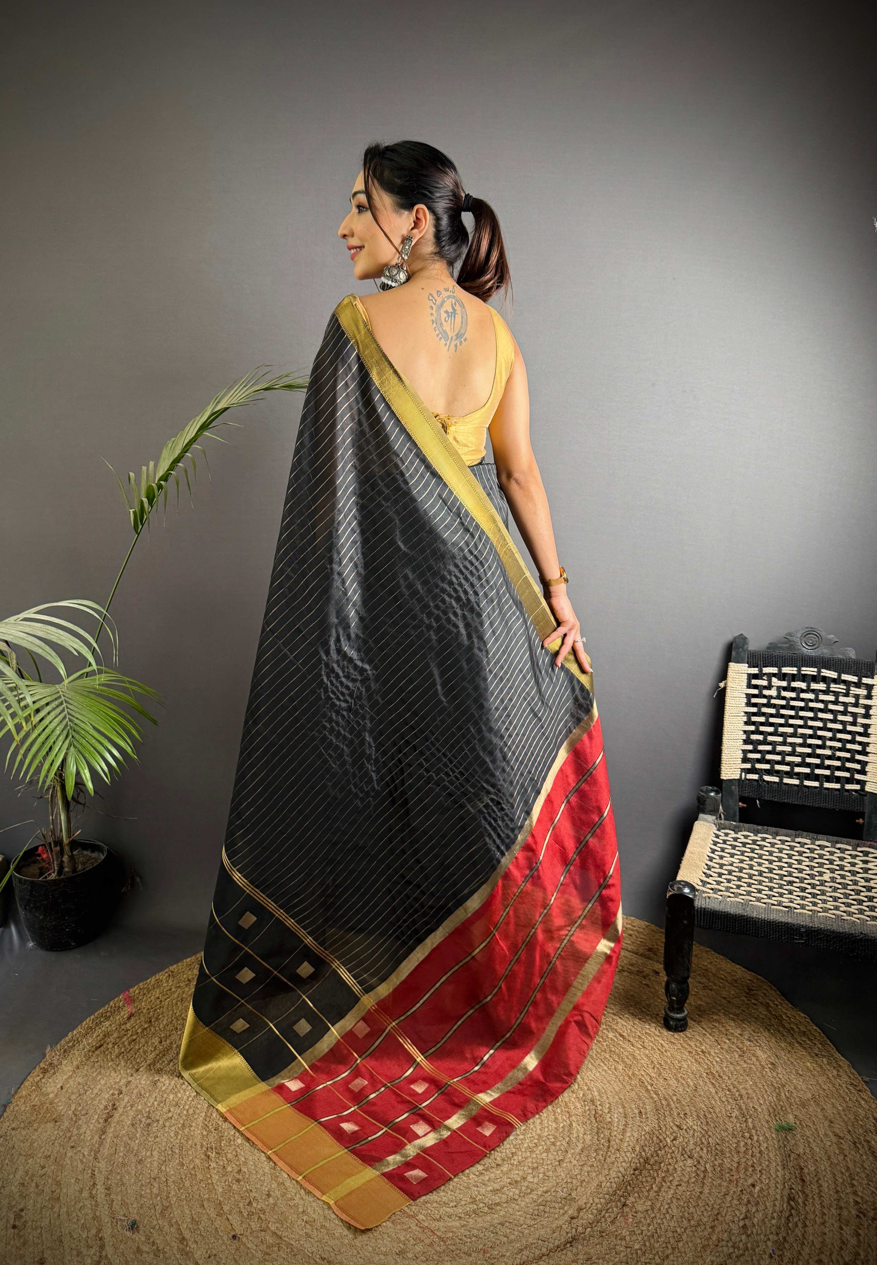 Sonakshi Women's Black Soft Cotton Silk Golden Zari Weaving Traditional Saree with Blouse - Distacart