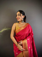 Sonakshi Women's Rani Pink Soft Cotton Silk Golden Zari Weaving Traditional Saree with Blouse - Distacart