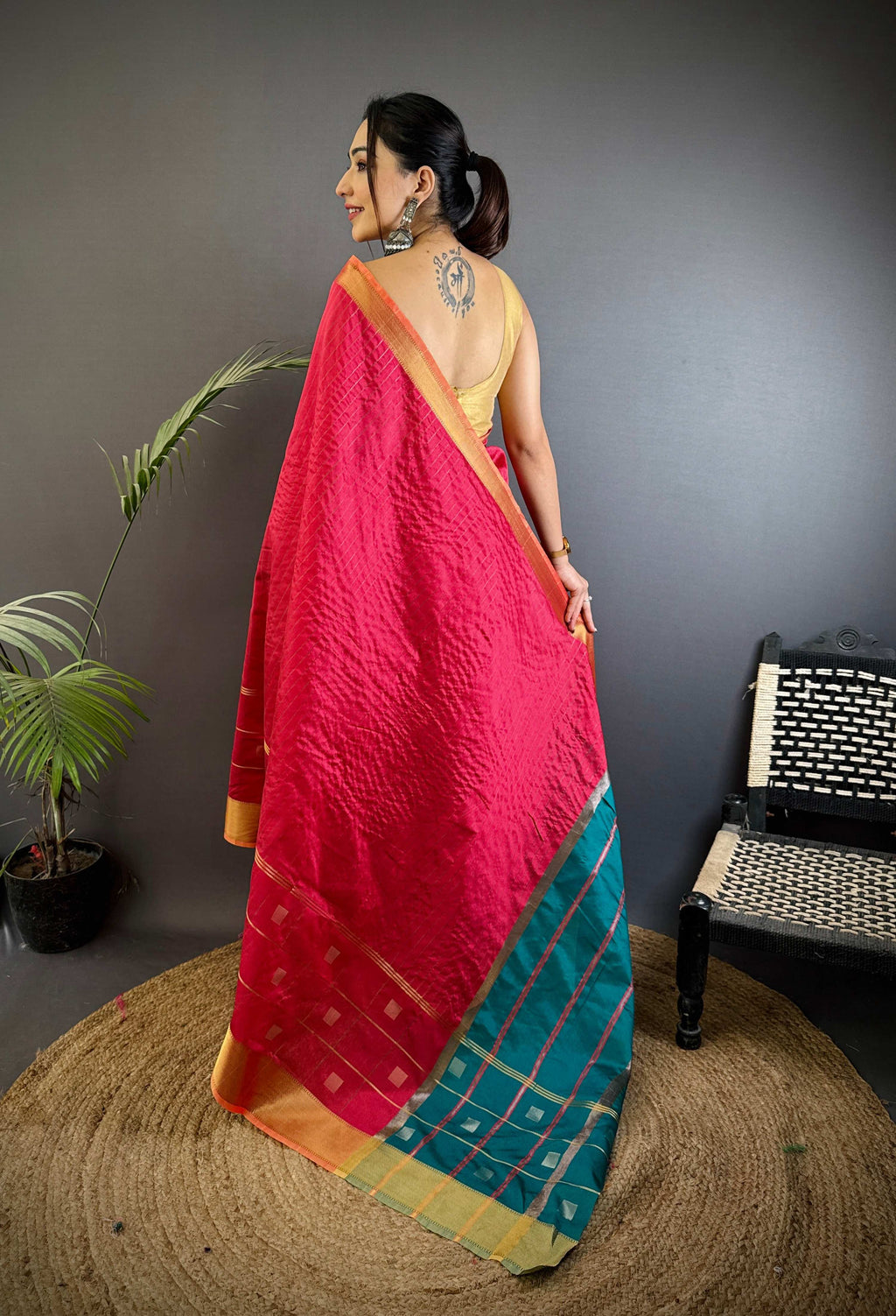 Sonakshi Women's Rani Pink Soft Cotton Silk Golden Zari Weaving Traditional Saree with Blouse - Distacart