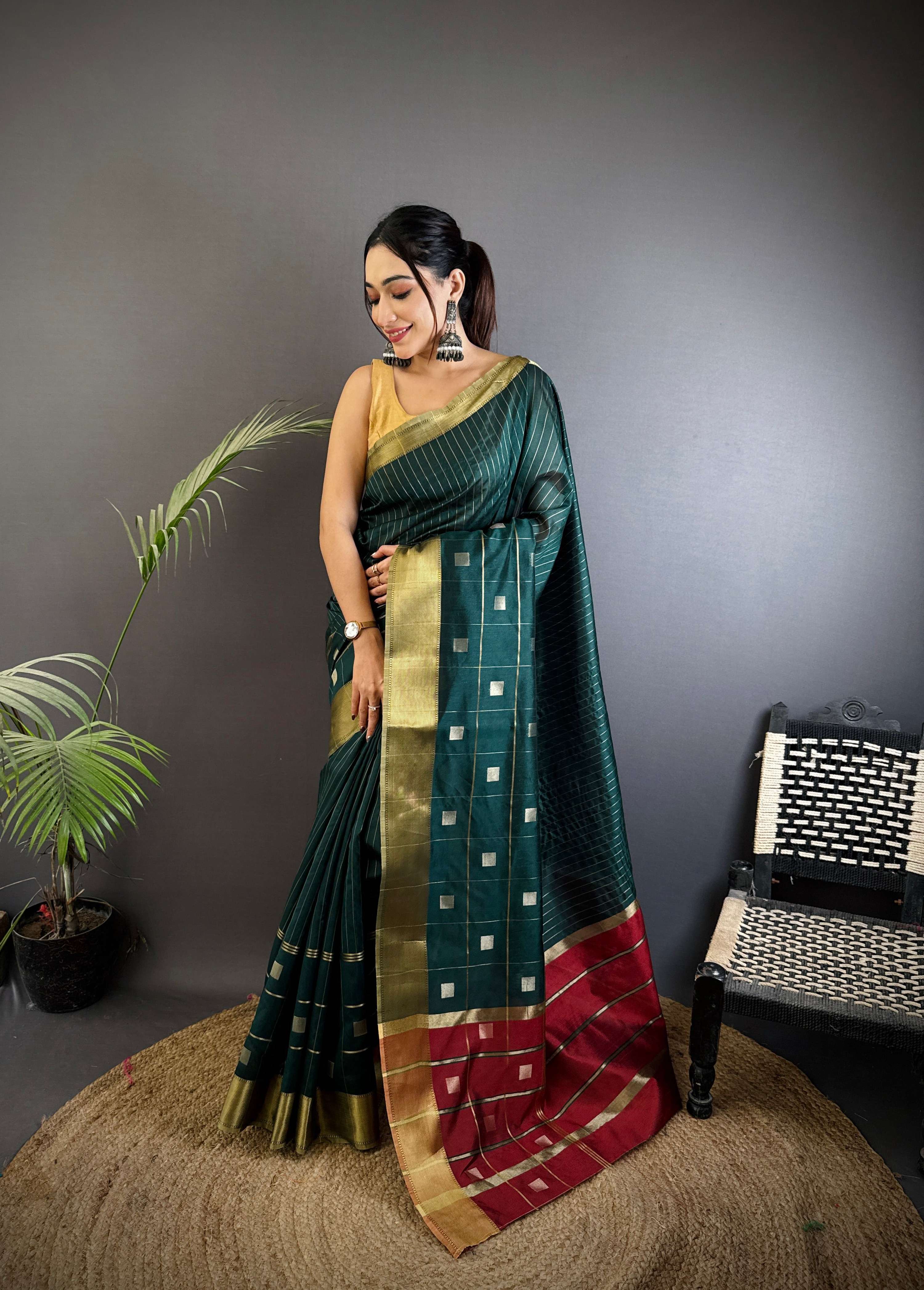 Sonakshi Women's Ramagreen Soft Cotton Silk Golden Zari Weaving Traditional Saree with Blouse - Distacart