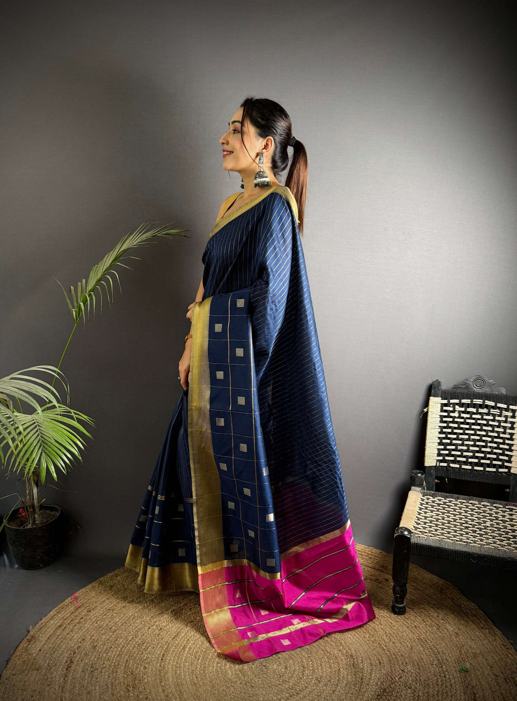 Sonakshi Women's Royal Blue Soft Cotton Silk Golden Zari Weaving Traditional Saree with Blouse - Distacart