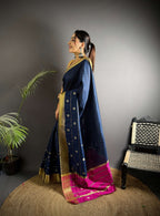 Sonakshi Women's Royal Blue Soft Cotton Silk Golden Zari Weaving Traditional Saree with Blouse - Distacart