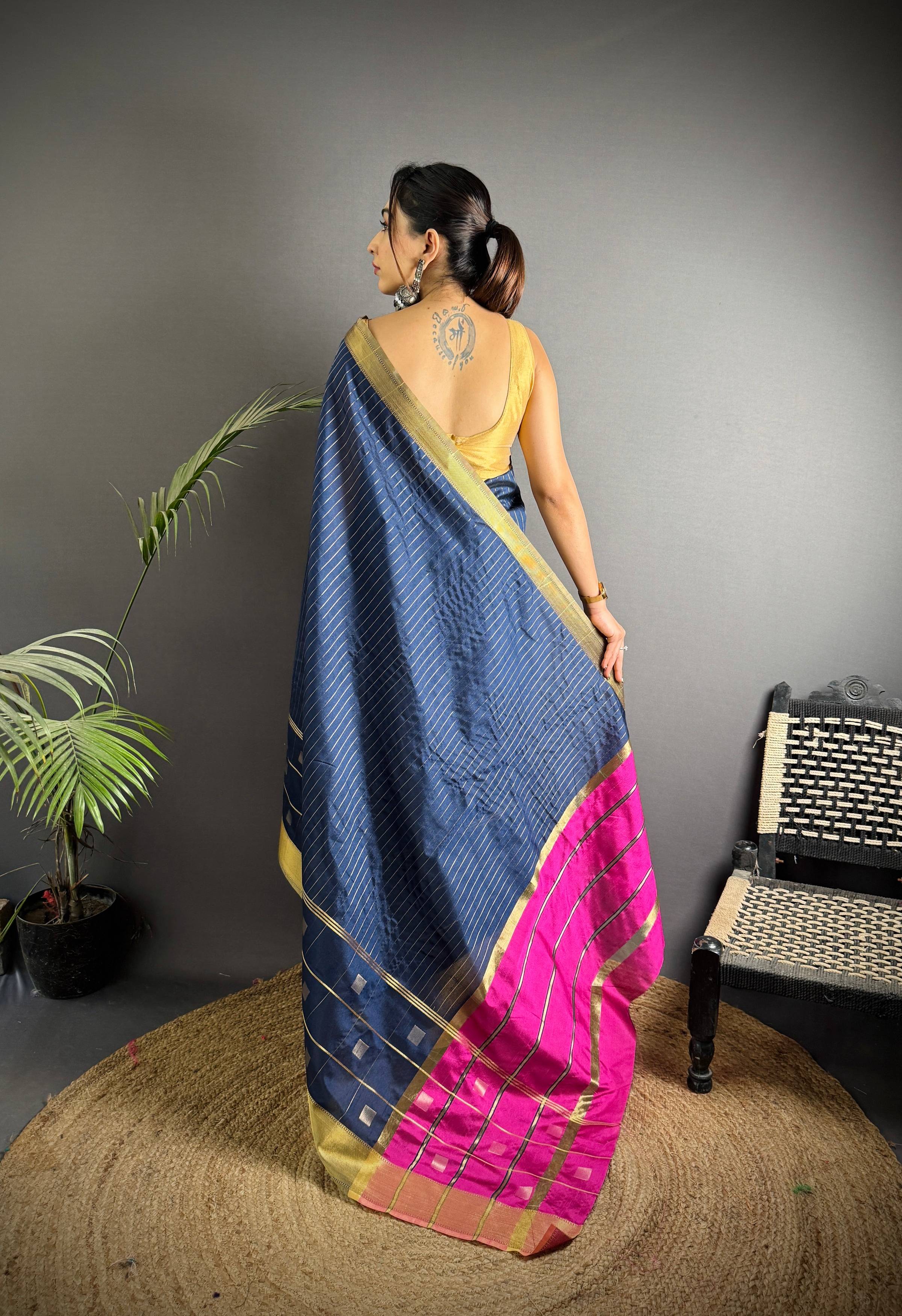 Sonakshi Women's Royal Blue Soft Cotton Silk Golden Zari Weaving Traditional Saree with Blouse - Distacart
