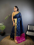 Sonakshi Women's Royal Blue Soft Cotton Silk Golden Zari Weaving Traditional Saree with Blouse - Distacart