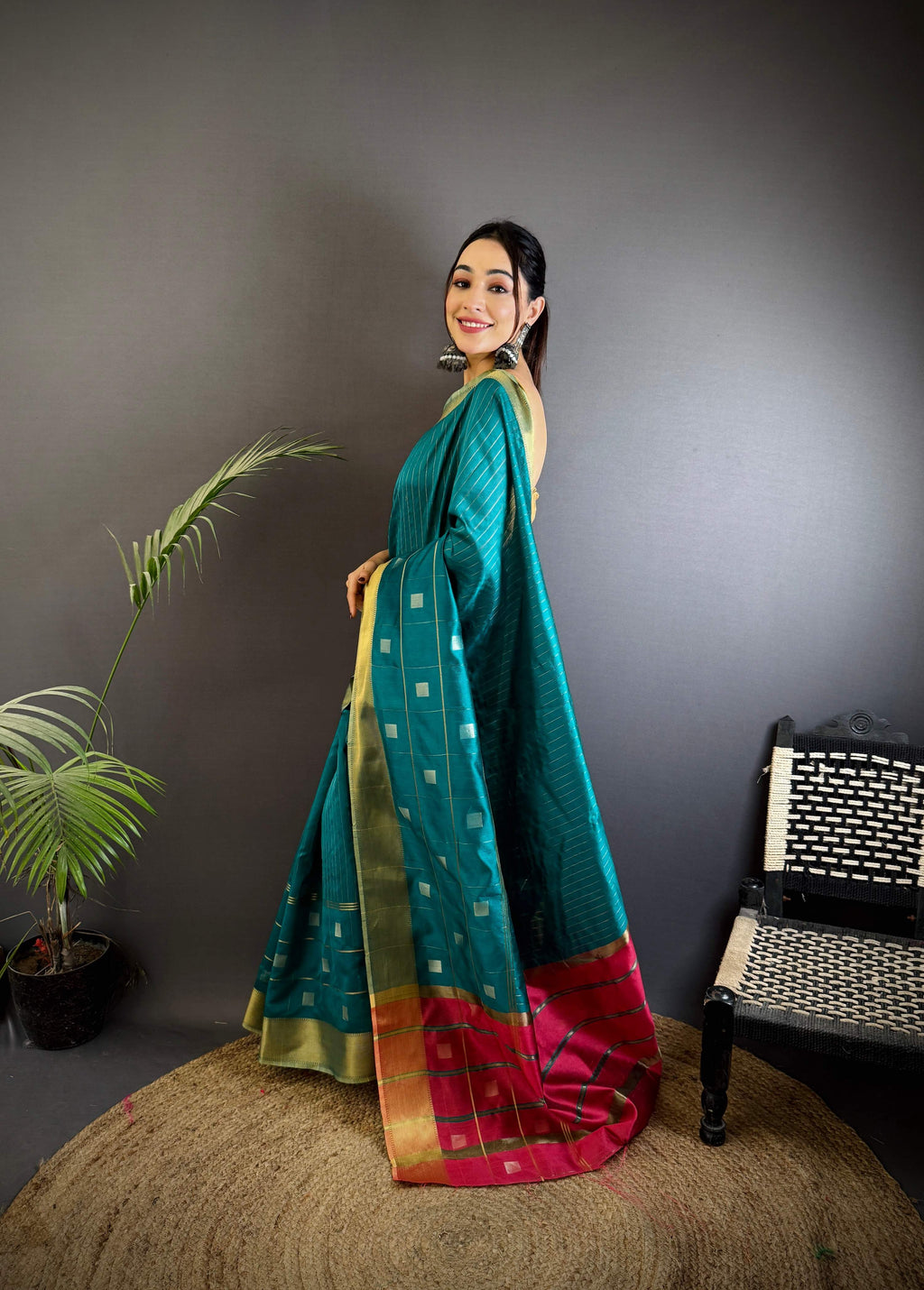 Sonakshi Women's Teal Soft Cotton Silk Golden Zari Weaving Traditional Saree with Blouse - Distacart