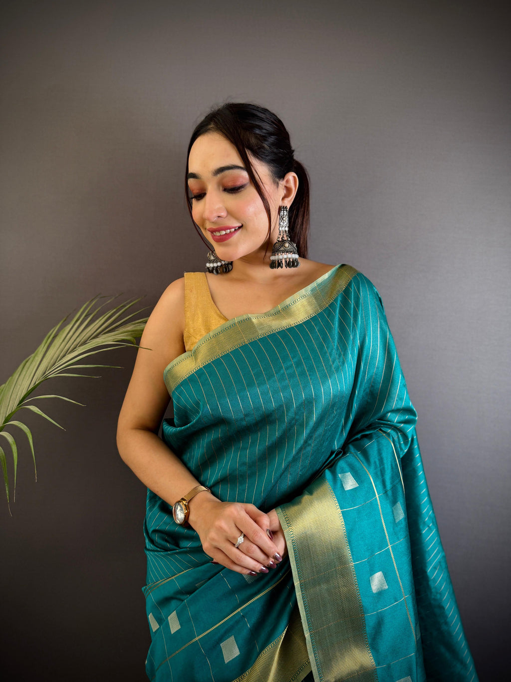 Sonakshi Women's Teal Soft Cotton Silk Golden Zari Weaving Traditional Saree with Blouse - Distacart