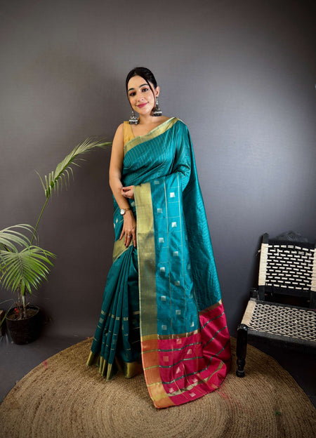 Sonakshi Women's Teal Soft Cotton Silk Golden Zari Weaving Traditional Saree with Blouse
