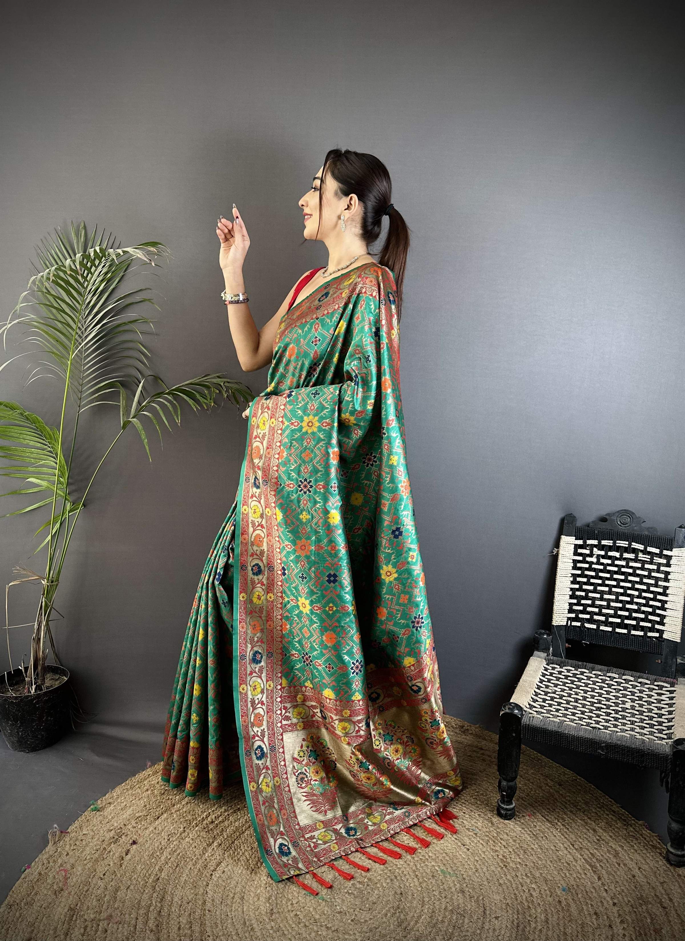 Sonakshi Women's Teal Banarsi Silk Tassel Weaving Traditional Saree with Blouse - Distacart