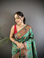 Sonakshi Women's Teal Banarsi Silk Tassel Weaving Traditional Saree with Blouse - Distacart