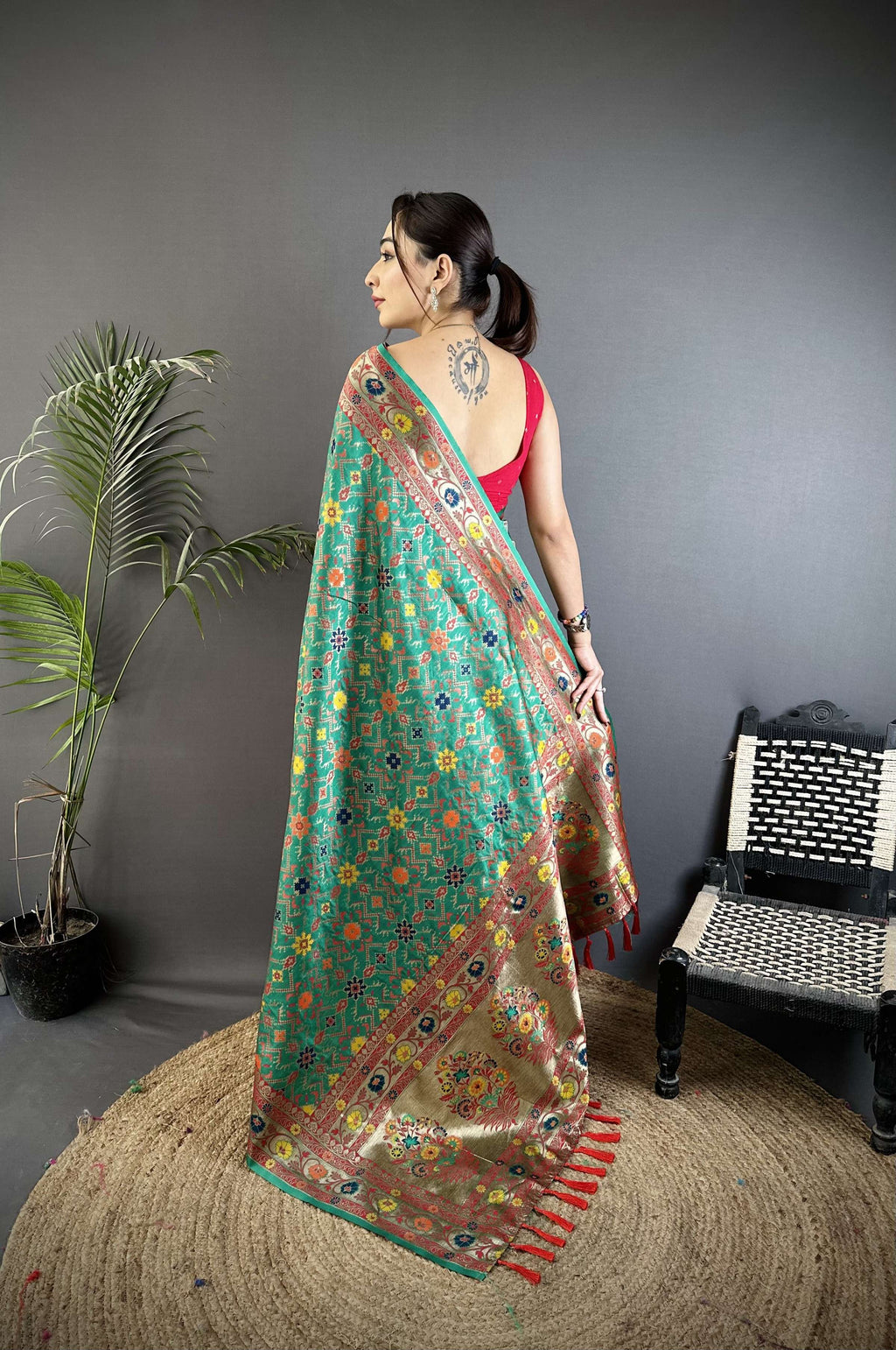 Sonakshi Women's Teal Banarsi Silk Tassel Weaving Traditional Saree with Blouse - Distacart