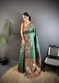 Sonakshi Women's Teal Banarsi Silk Tassel Weaving Traditional Saree with Blouse - Distacart