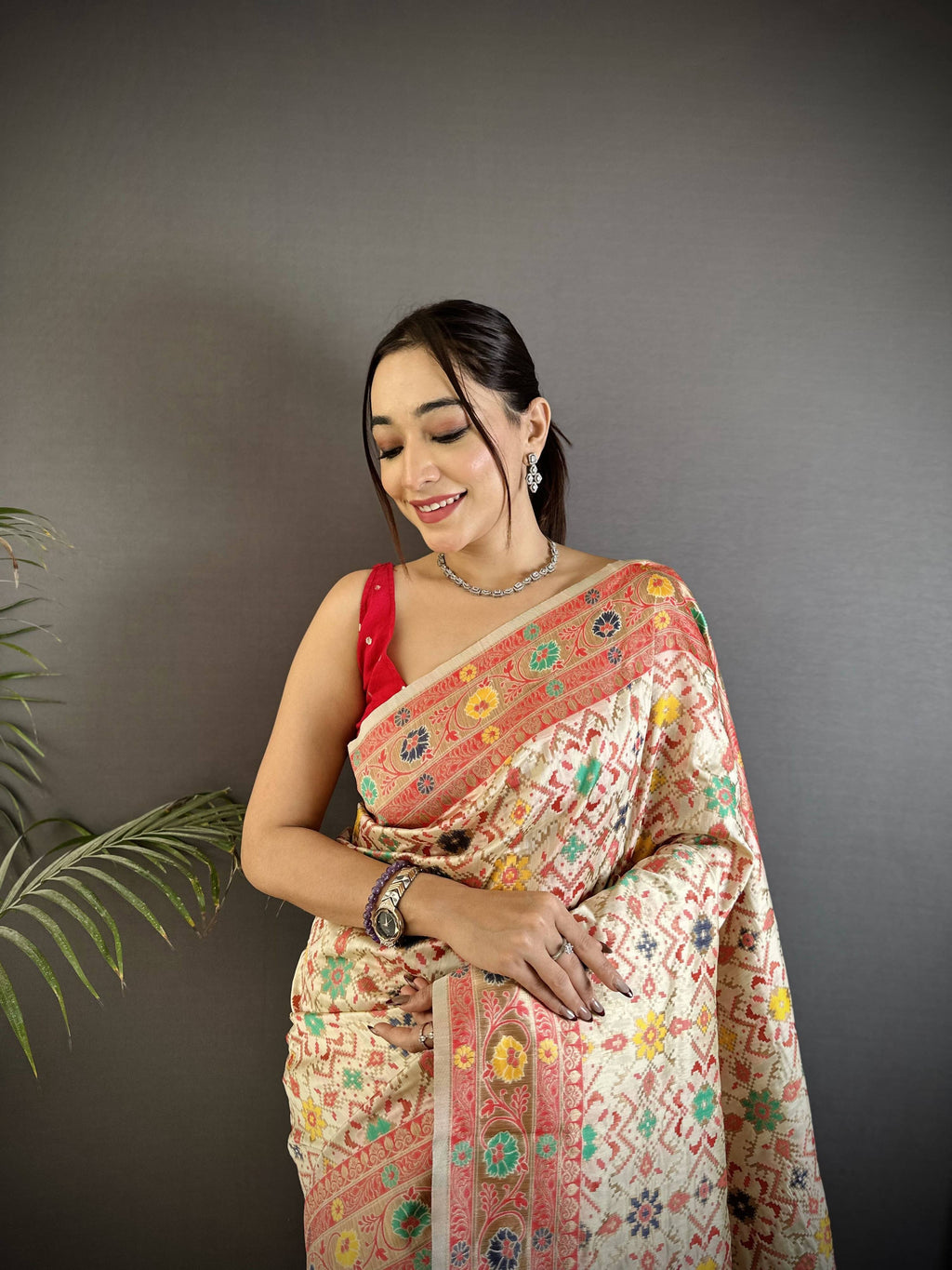 Sonakshi Women's Off White Banarasi Silk Tassel Weaving Traditional Saree with Blouse - Distacart