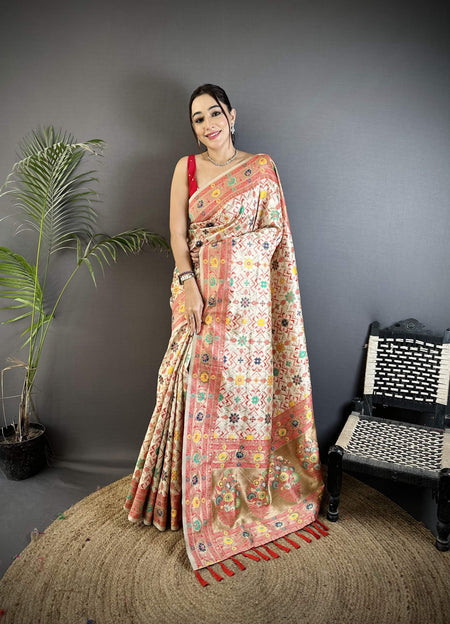 Sonakshi Women's Off White Banarasi Silk Tassel Weaving Traditional Saree with Blouse