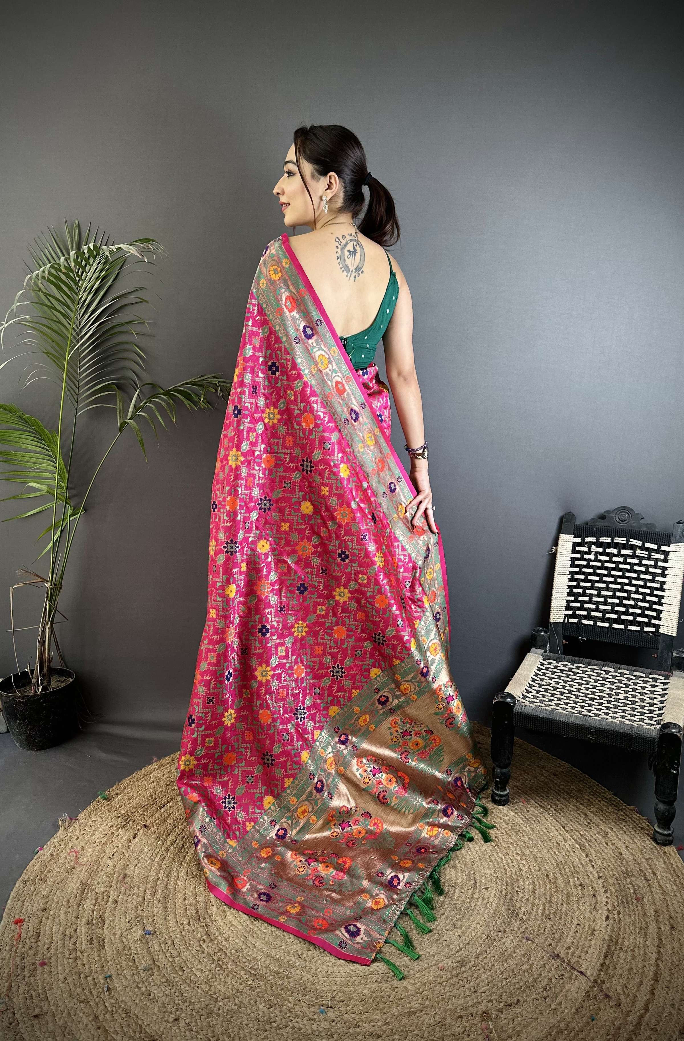 Sonakshi Women's Rani Pink Banarasi Silk Tassel Weaving Traditional Saree with Blouse - Distacart