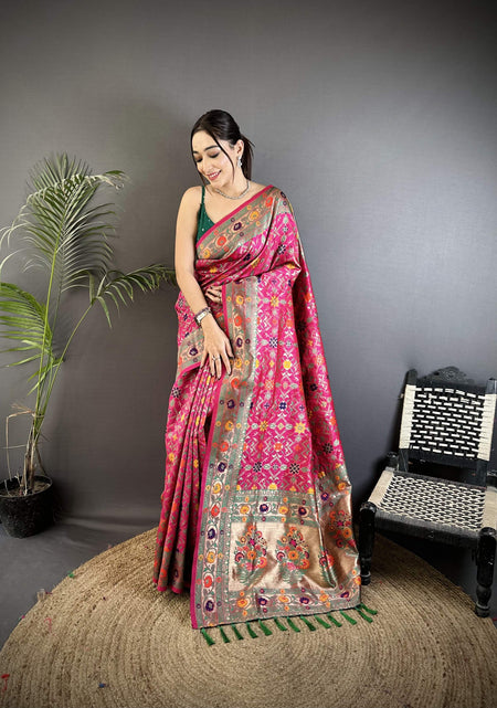 Sonakshi Women's Rani Pink Banarasi Silk Tassel Weaving Traditional Saree with Blouse