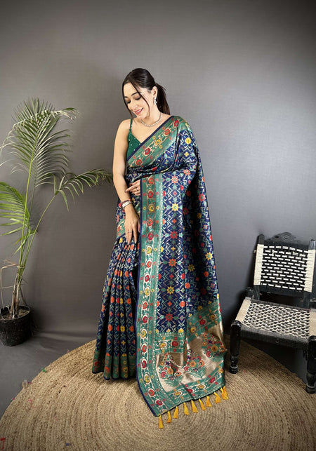 Sonakshi Women's Royal Blue Banarsi Silk Tassel Weaving Traditional Saree with Blouse
