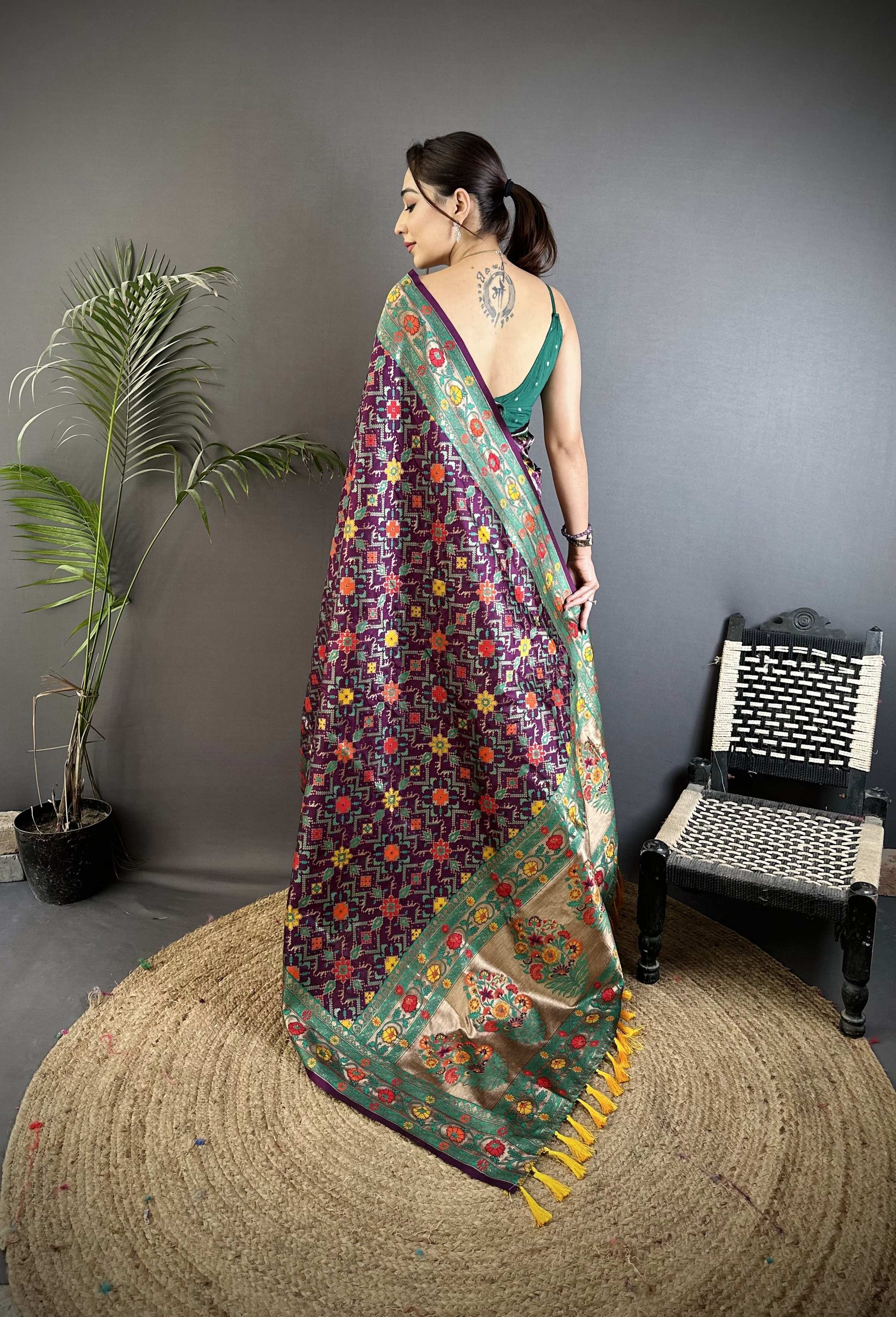 Sonakshi Women's Wine Banarsi Silk Tassel Weaving Traditional Saree with Blouse - Distacart