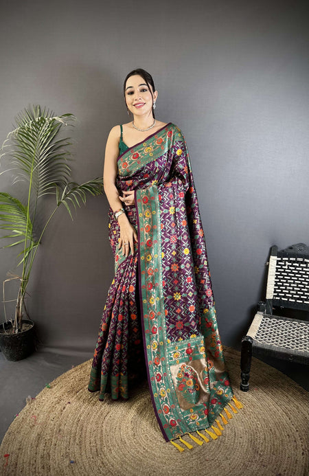 Sonakshi Women's Wine Banarsi Silk Tassel Weaving Traditional Saree with Blouse
