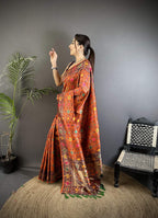 Sonakshi Women's Orange Banarsi Silk Tassel Weaving Traditional Saree with Blouse - Distacart