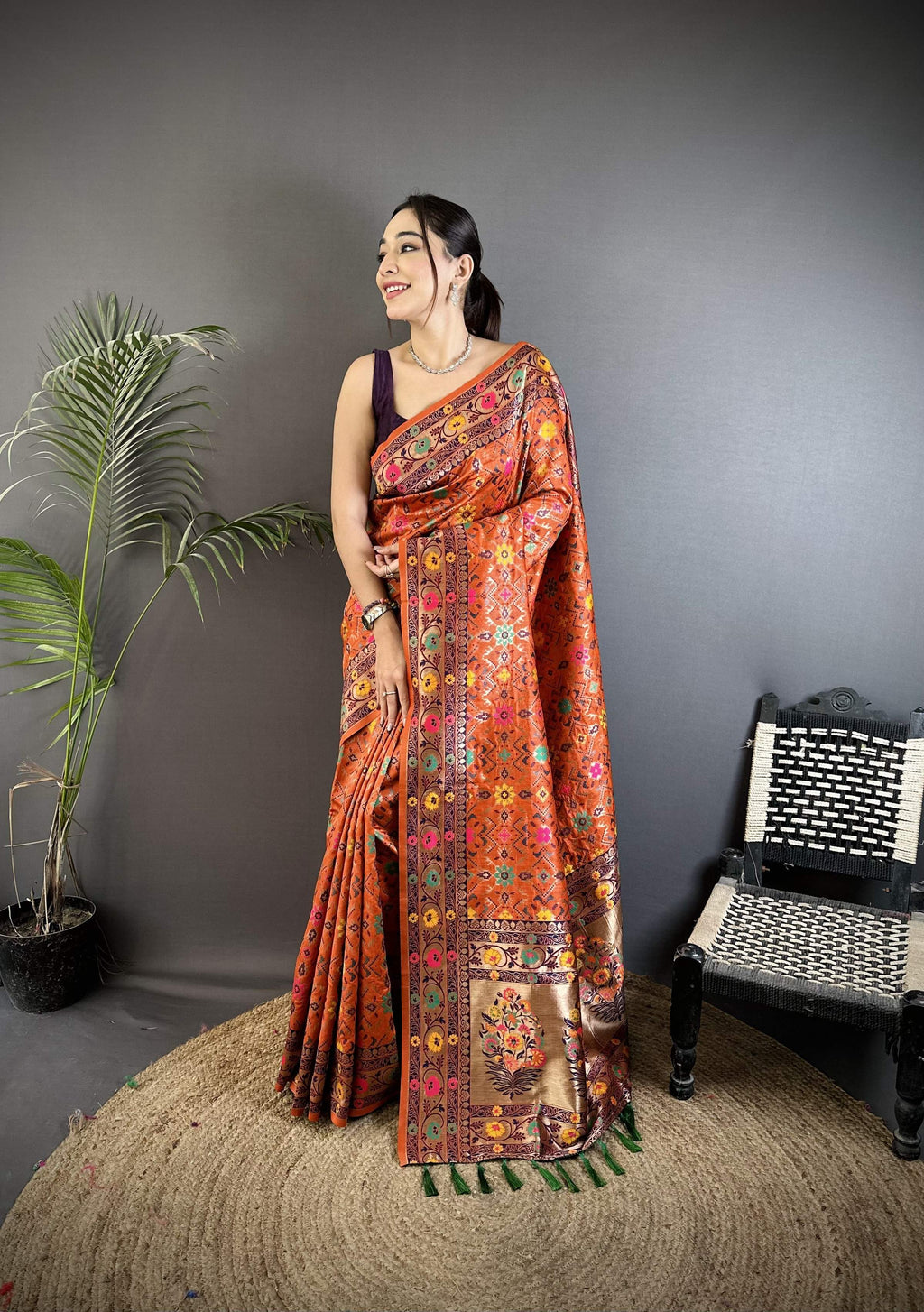 Sonakshi Women's Orange Banarsi Silk Tassel Weaving Traditional Saree with Blouse - Distacart