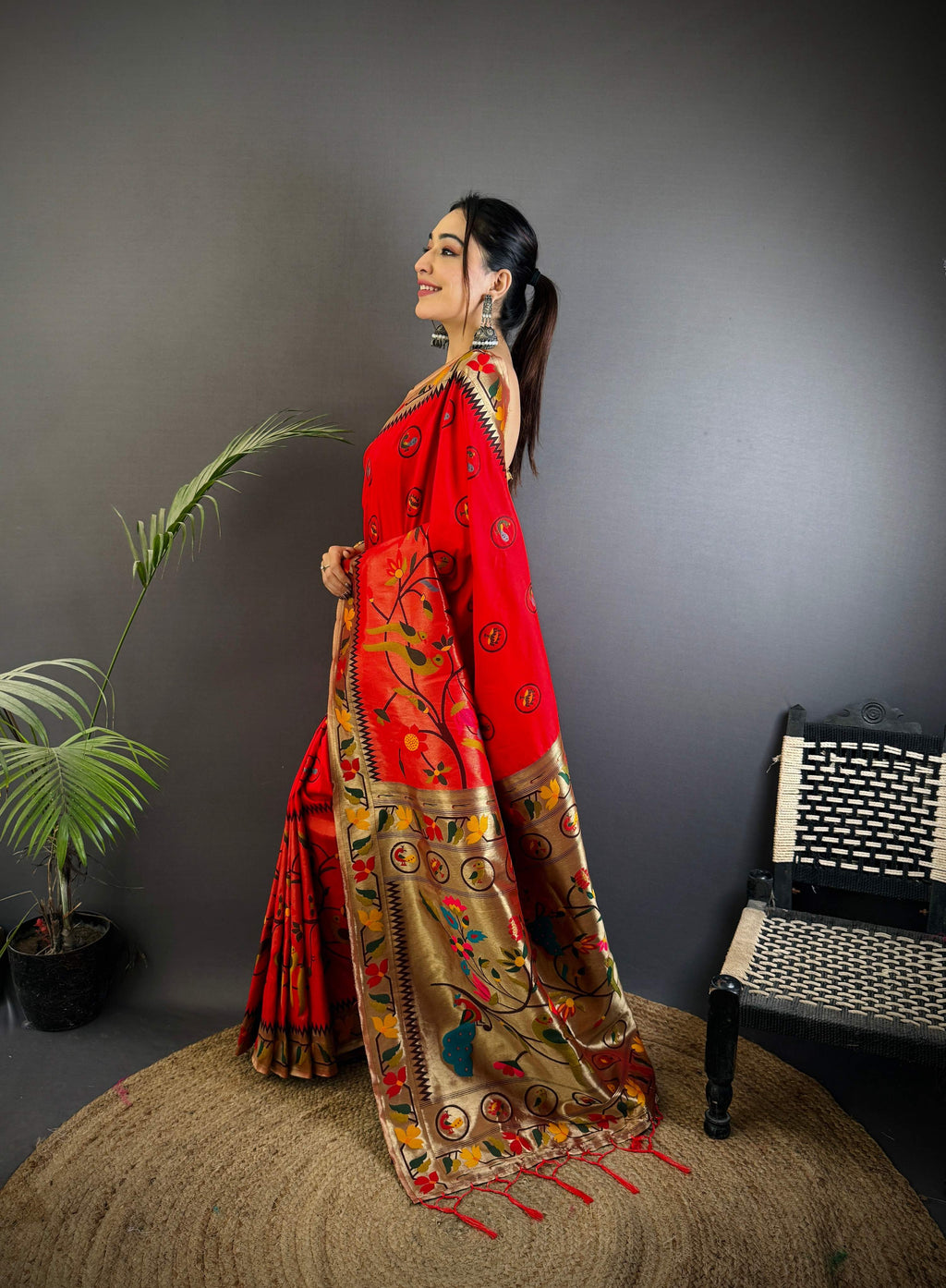 Sonakshi Women's Red Paithani Silk Zari & Meenakari Weaving Traditional Saree with Blouse - Distacart