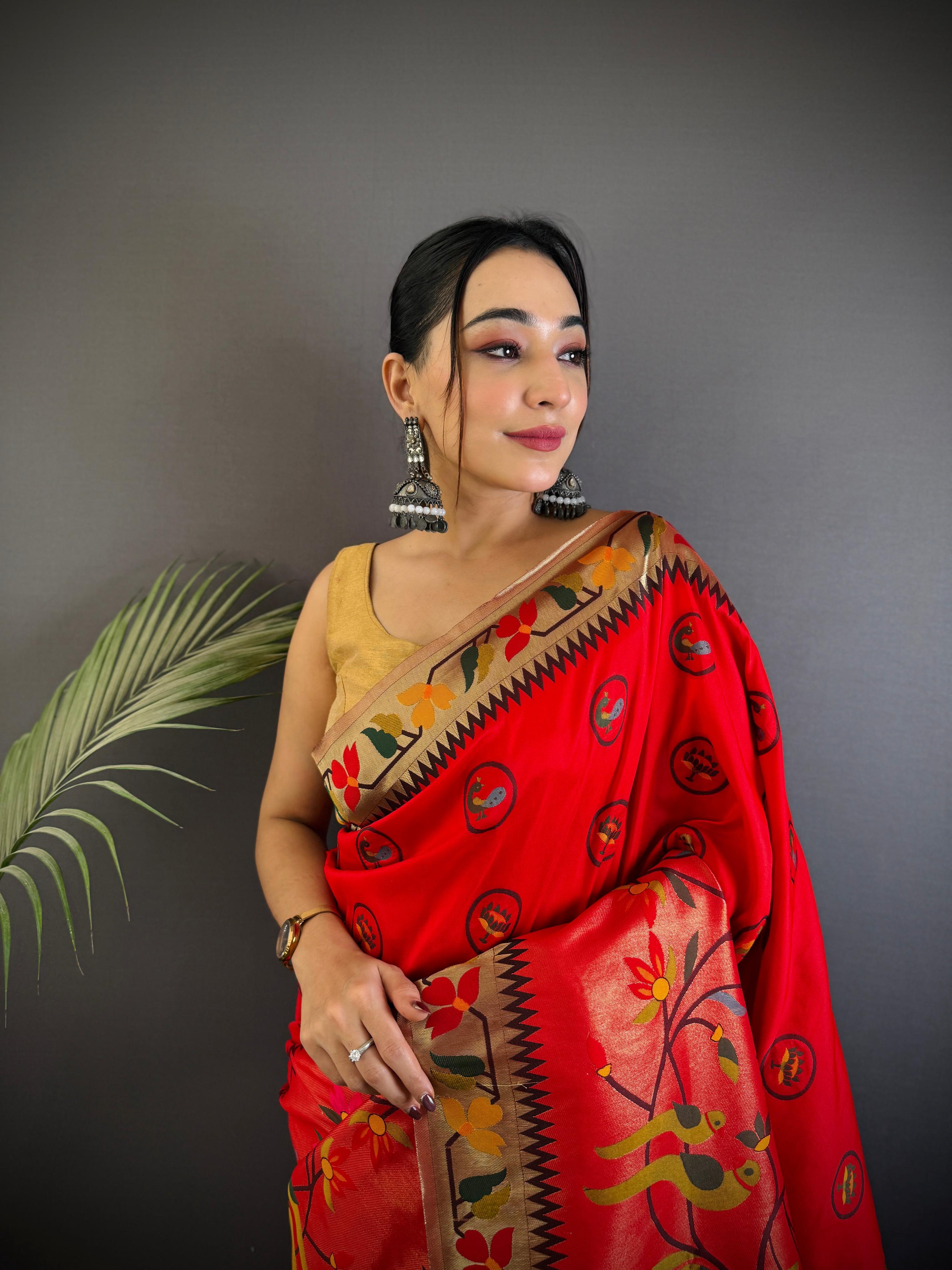 Sonakshi Women's Red Paithani Silk Zari & Meenakari Weaving Traditional Saree with Blouse - Distacart