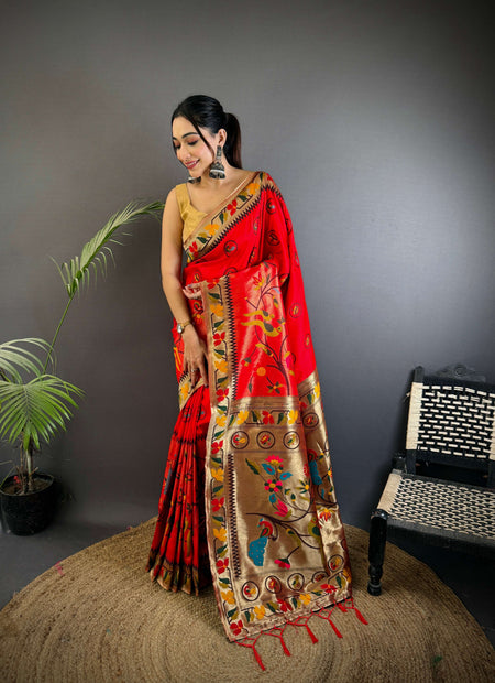 Sonakshi Women's Red Paithani Silk Zari & Meenakari Weaving Traditional Saree with Blouse