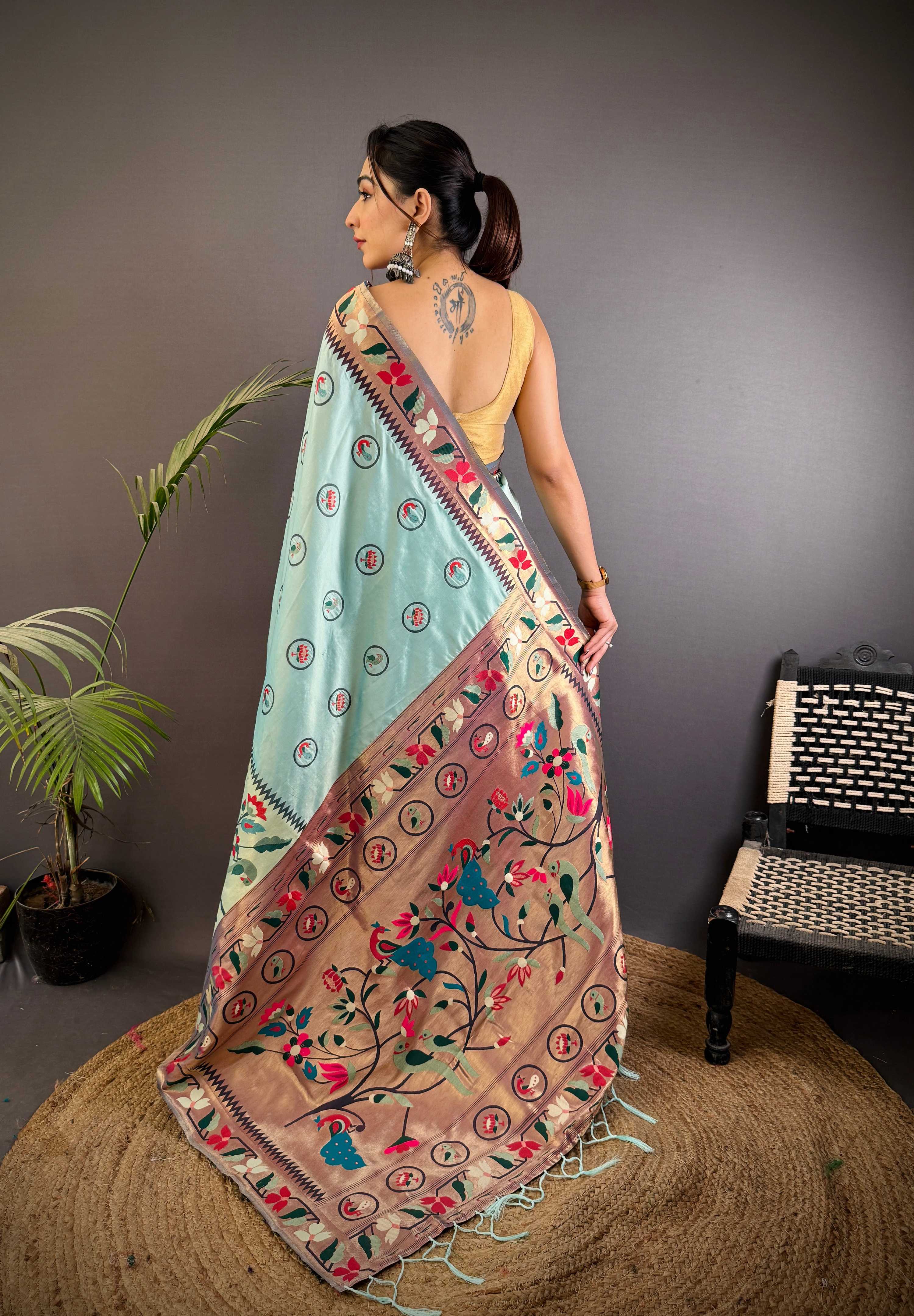 Sonakshi Women's Sky Paithani Silk Zari & Meenakari Weaving Traditional Saree with Blouse - Distacart