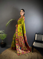 Sonakshi Women's Parrot Paithani Silk Zari & Meenakari Weaving Traditional Saree with Blouse - Distacart