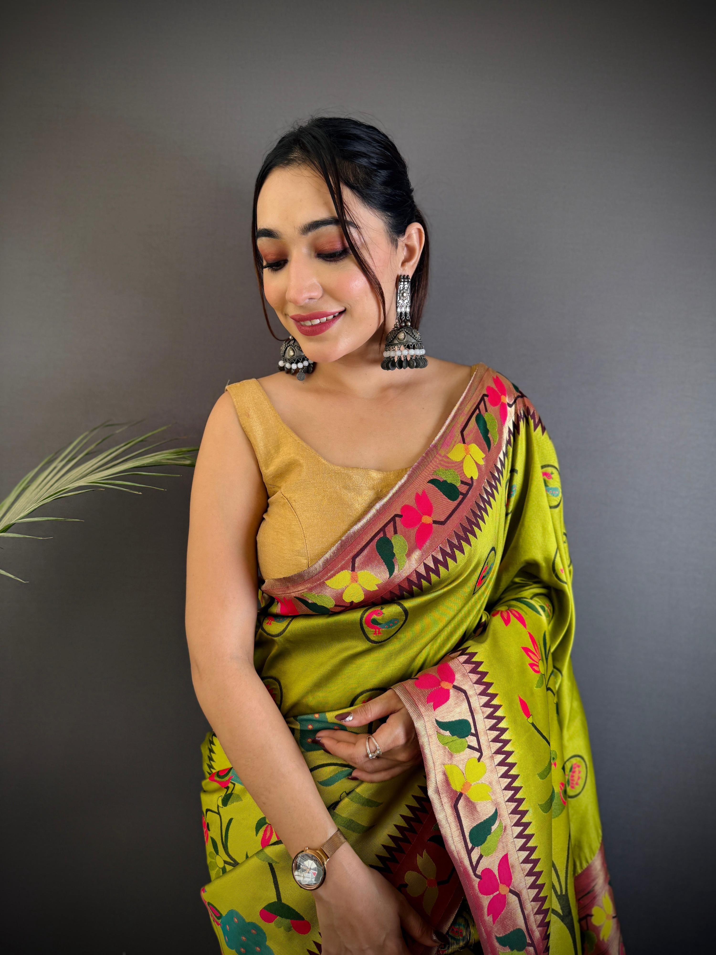 Sonakshi Women's Parrot Paithani Silk Zari & Meenakari Weaving Traditional Saree with Blouse - Distacart