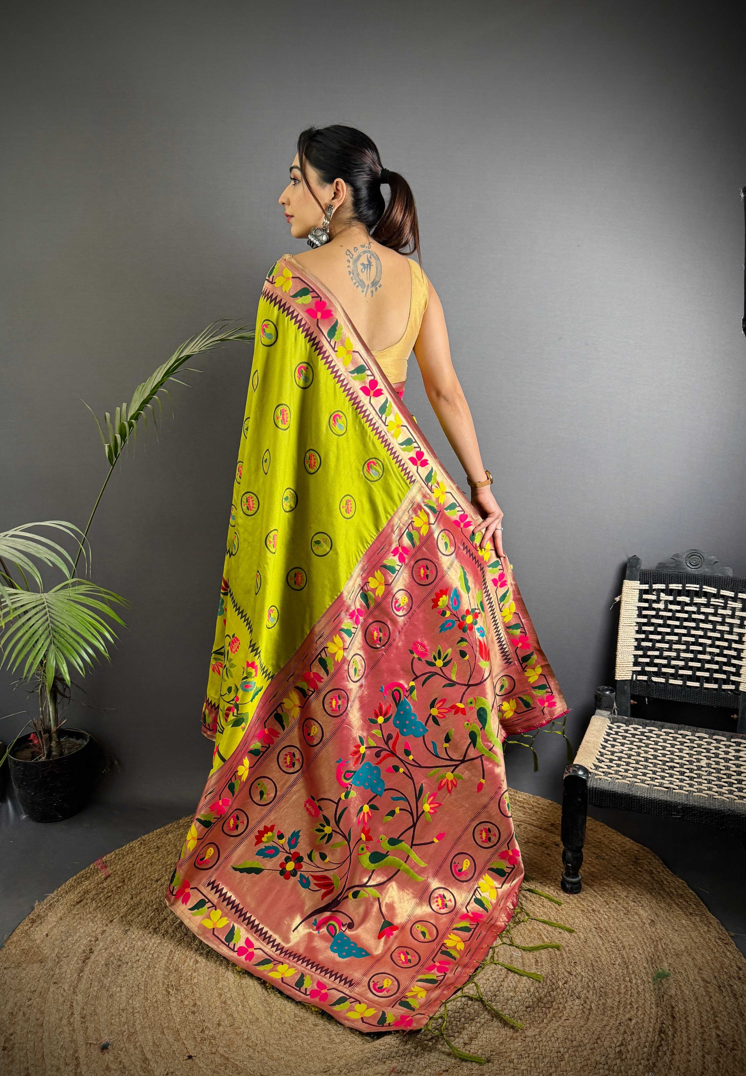Sonakshi Women's Parrot Paithani Silk Zari & Meenakari Weaving Traditional Saree with Blouse - Distacart