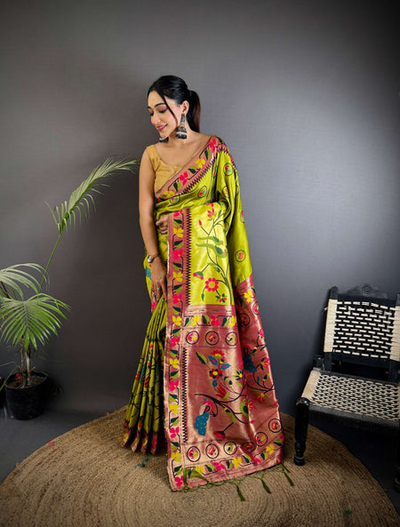 Sonakshi Women's Parrot Paithani Silk Zari & Meenakari Weaving Traditional Saree with Blouse