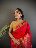 Sonakshi Women's Rani Pink Paithani Silk Zari & Meenakari Weaving Traditional Saree with Blouse - Distacart