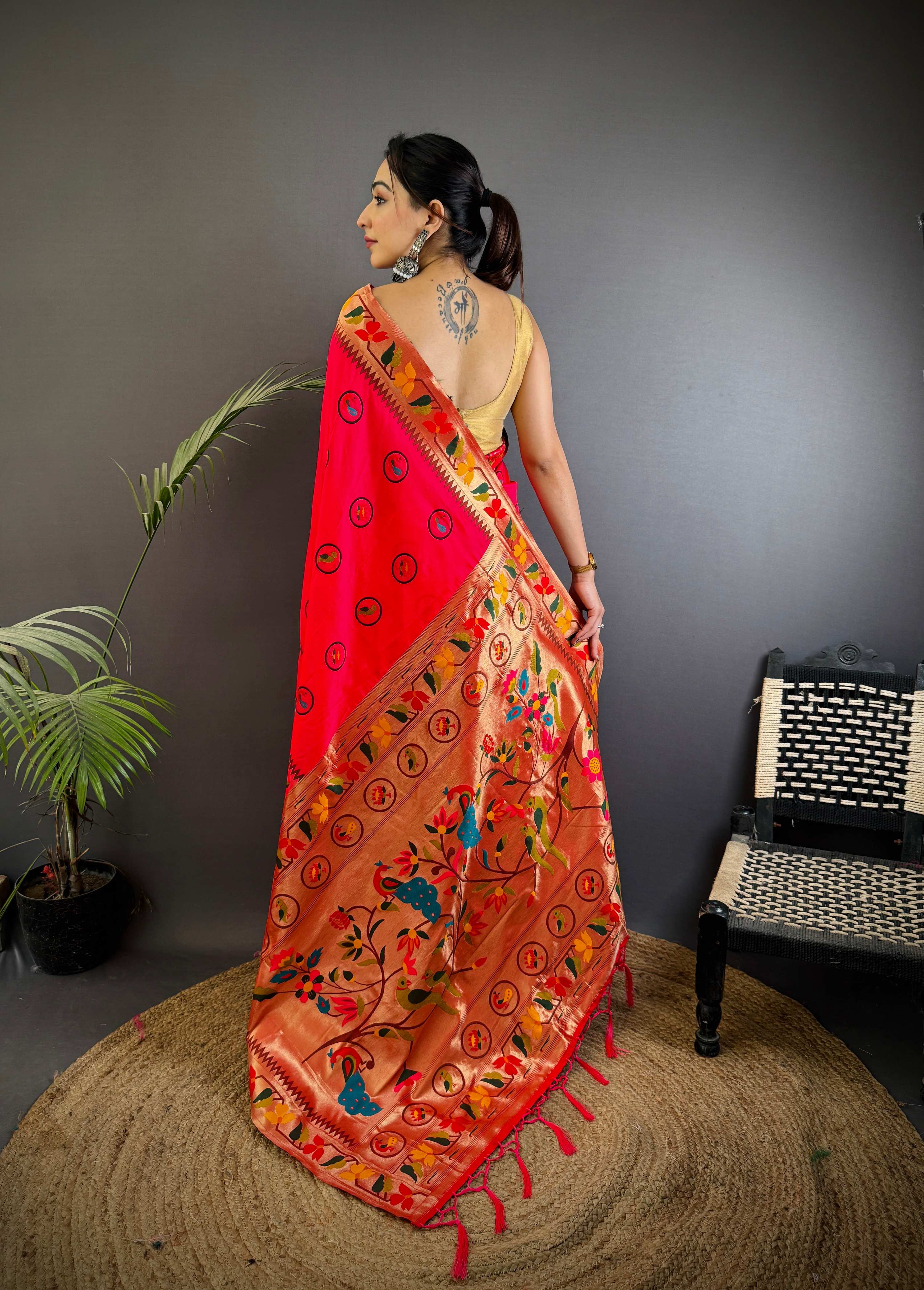 Sonakshi Women's Rani Pink Paithani Silk Zari & Meenakari Weaving Traditional Saree with Blouse - Distacart