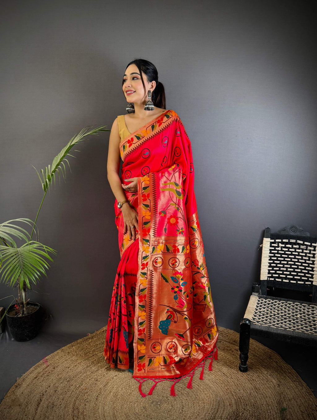 Sonakshi Women's Rani Pink Paithani Silk Zari & Meenakari Weaving Traditional Saree with Blouse - Distacart