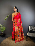 Sonakshi Women's Rani Pink Paithani Silk Zari & Meenakari Weaving Traditional Saree with Blouse - Distacart