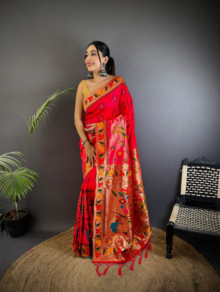 Sonakshi Women's Rani Pink Paithani Silk Zari & Meenakari Weaving Traditional Saree with Blouse